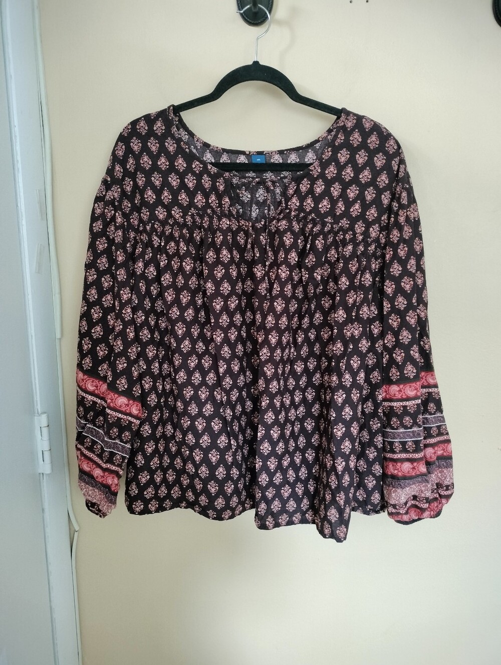 Old Navy XXL Cotton Blend Brown Floral Peasant Swing Top Blouse Tie Boho Office